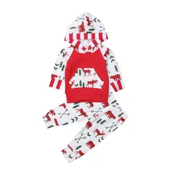 Комплект рождественской одежды для маленьких мальчиков и девочек, топы с капюшоном и длинными рукавами, штаны, Одежда для младенцев