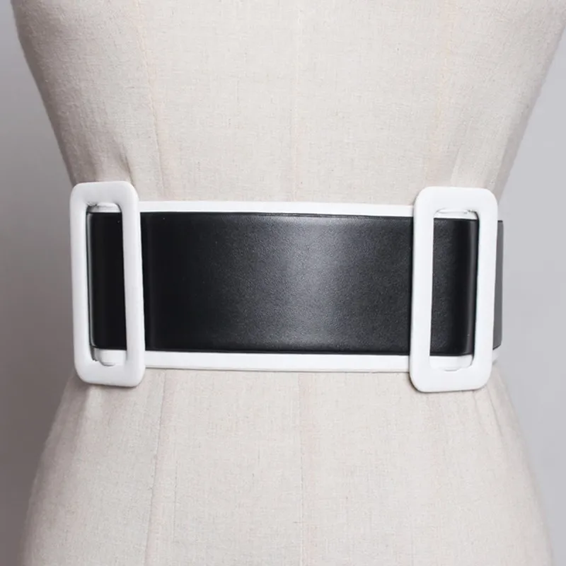 

[YaLee]New Fashion 2019 Spring Summer Rivet Elastic Cloth Splice PU Leather Waist Seal Belt Double Buckle Wide Girdle Women Y963