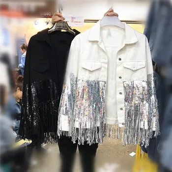 

2019 Fashion Women Punk Sequins Beading Tassels Denim Coat Streetwear Female White Denim Jacket Fashion Women Tops
