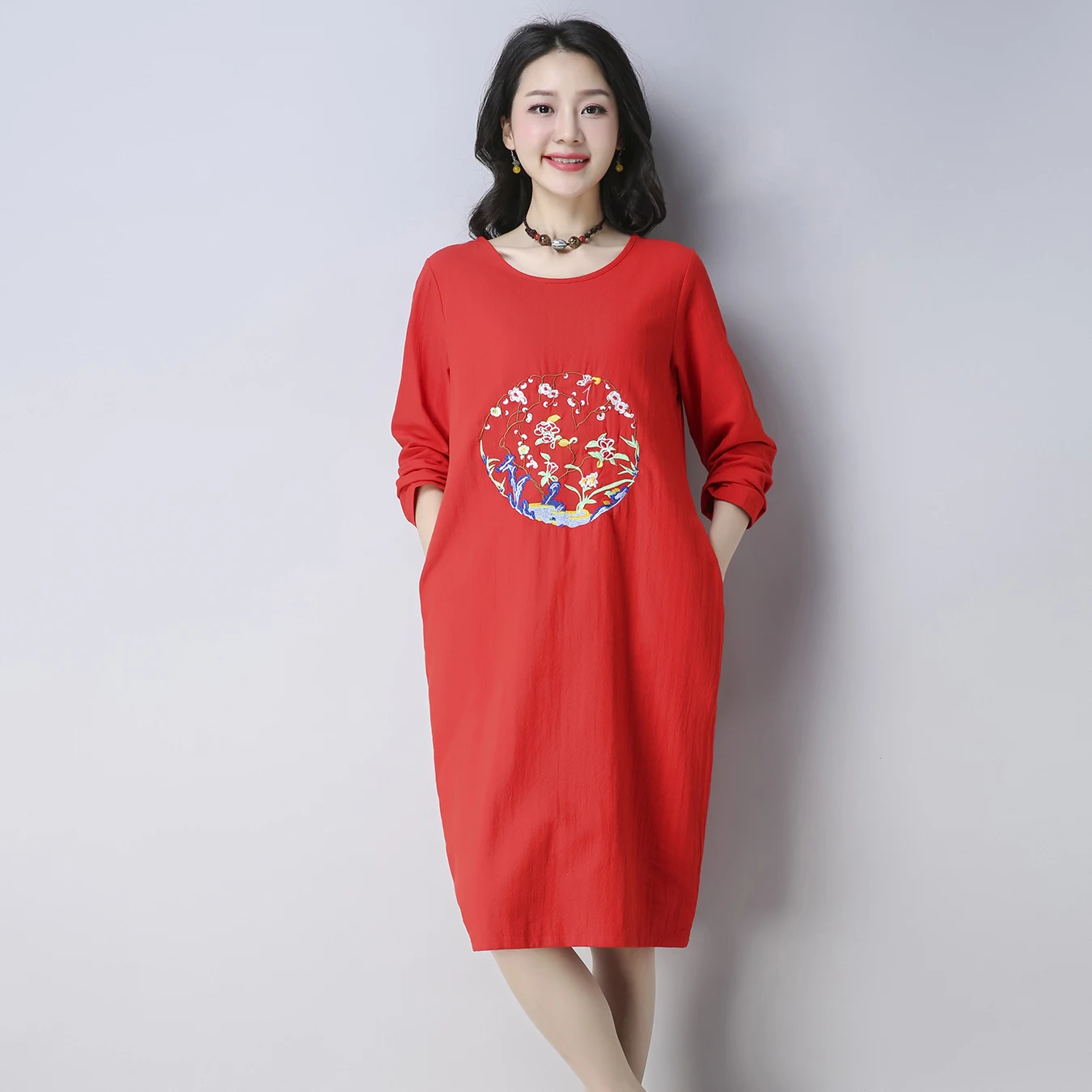 

Spring Summer 2019 New Fashion Women Floral Embroidery Long Sleeve Party Dress O-Neck Cotton Linen Knee-Length Dresses Vestidos
