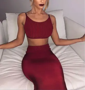 

High Quality Grey Red 2 Pieces Set Rayon Bandage Dress Club Party Bodycon Dress