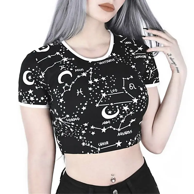 

Women T Shirt Sexy Black Gothic Hipster Tees Moon Star Print Harajuku Crop Top Streetwear Tshirt Female Fashion Goth Summer Tops