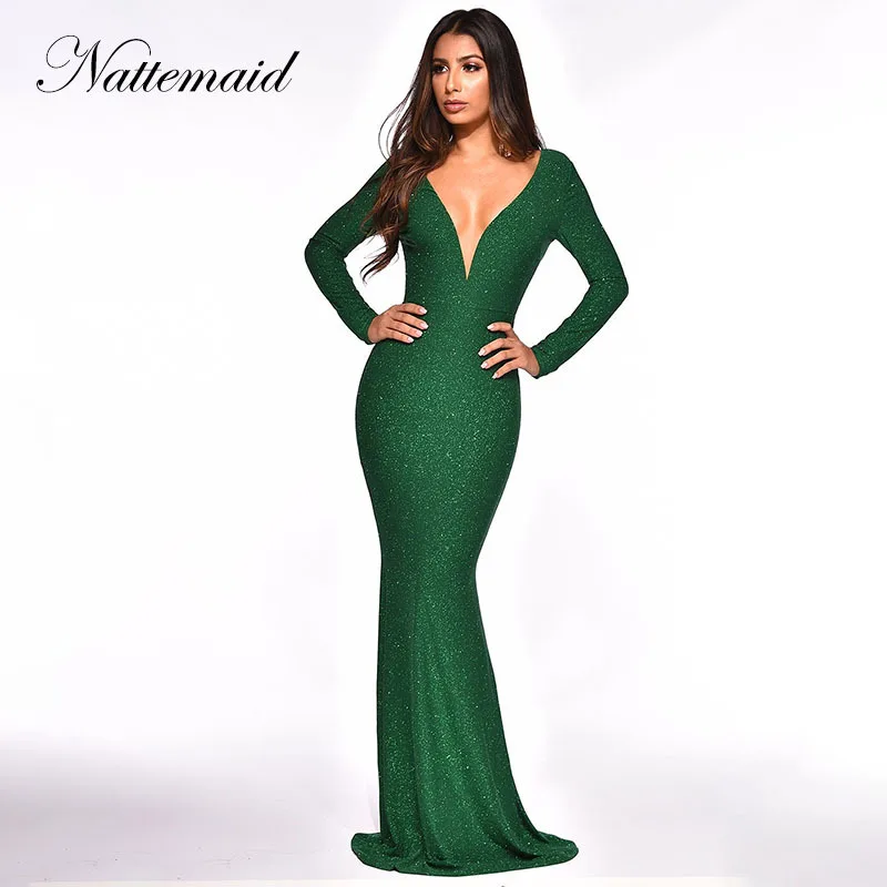 green glitter long dress