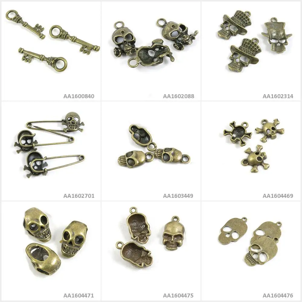 

Antique Bronze Tone Jewelry Making Charms Skull Loose Beads Head Pirate Safety Pins Brooch Halloween Rose Skeleton Key Bracelet