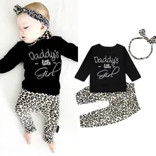 Одежда с леопардовым принтом для маленьких девочек топы для новорожденных, футболка, штаны весенняя одежда комплект одежды из 3 предметов для маленьких девочек, хлопковая повседневная одежда