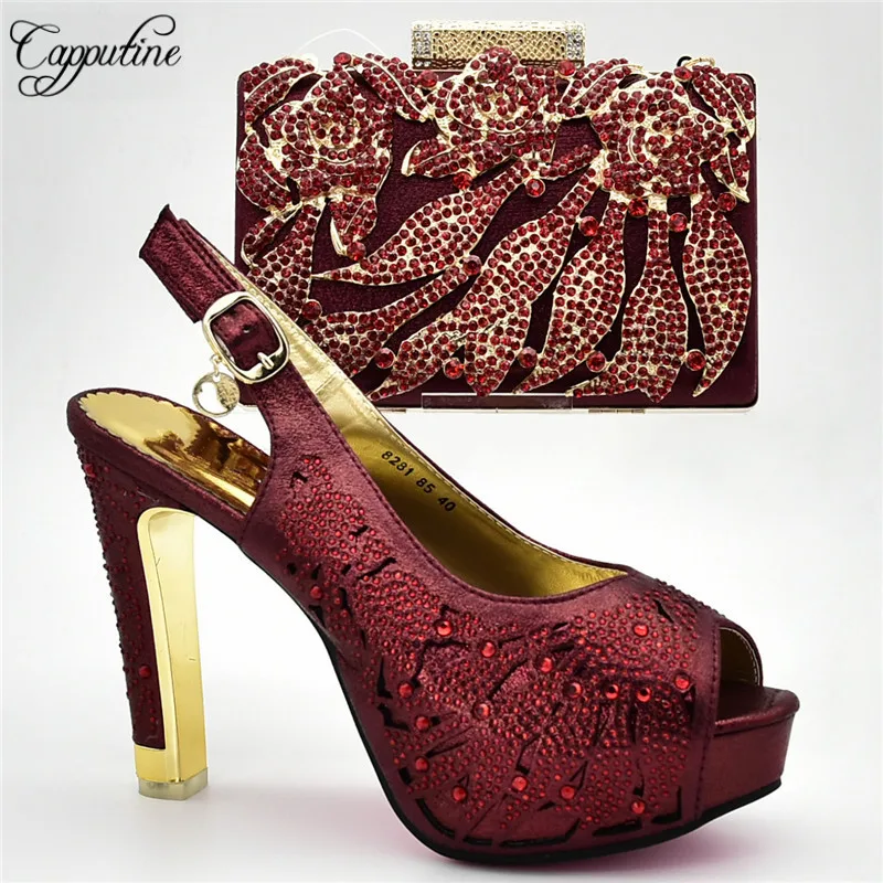 

Capputine Latest Wine Color Rhinestone Shoes And Bag To Match Set Nigerian Elegant Ladies High Heels Shoes And Bag Set For Party