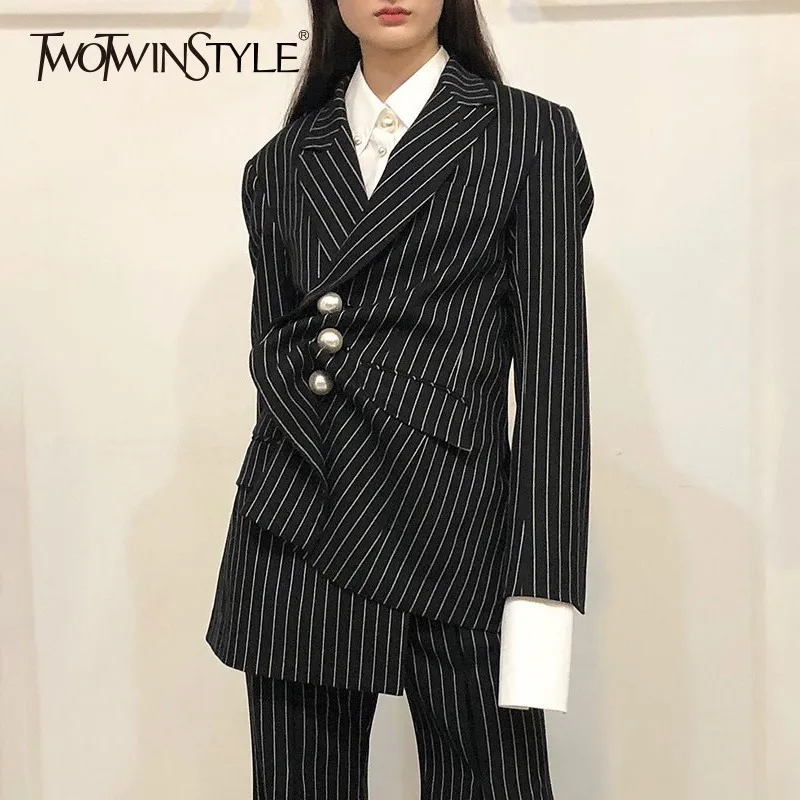 

TWOTWINSTYLE Irregular Women's Suits Slim Long Sleeve Pearls Striped Blazer Coat Female Larger Sizes Fashion Tide Autumn 2019