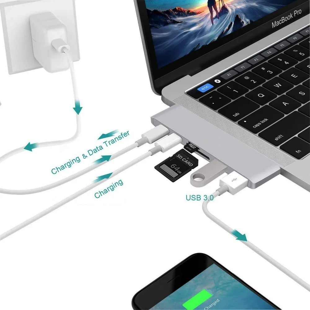 USB C концентратор type C Thunderbolt 3 док-станция 5 в 1 USB-C адаптер Dongle Combo с USB 3,0 портами TF слот Micro SD карта для MacBook Pro