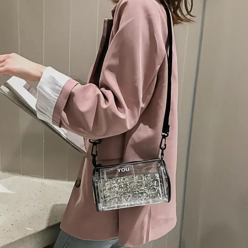 شفافة PVC مطبوعة رسائل اسطوانة حقيبة كتف المرأة واضح هلام حقائب الشاطئ للنساء الحلوى رسول Crossbody حقيبة الفتيات