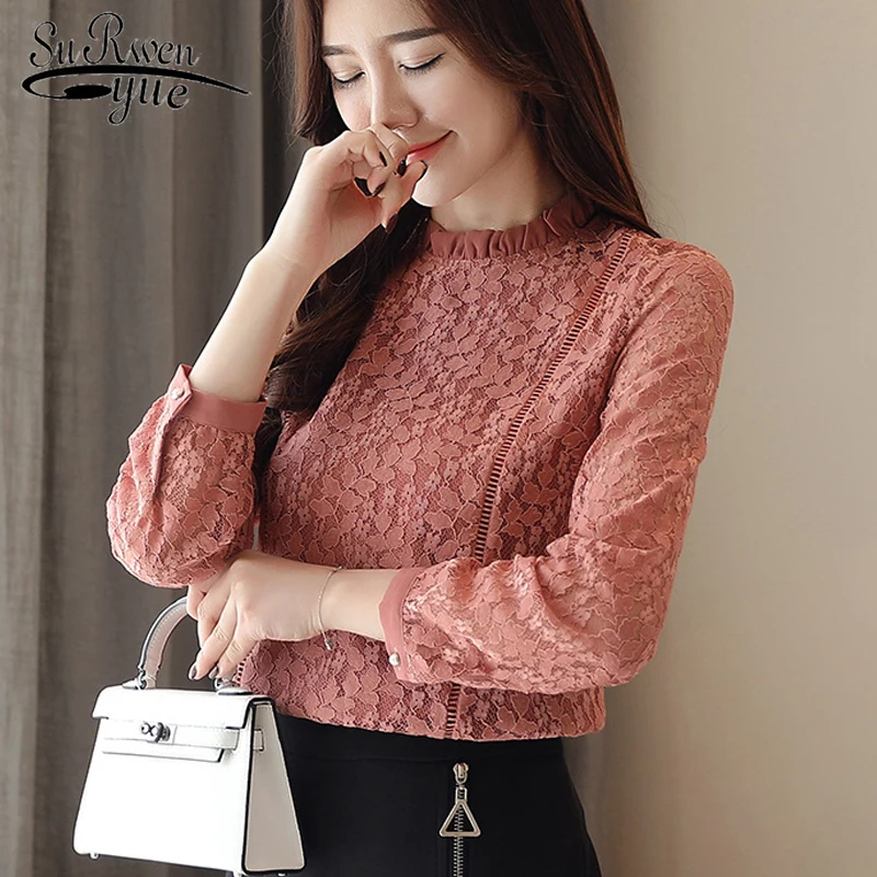 

2019 autumn Fashion women blouse Korean style slim long sleeve lace shirt unlined upper garment hollow out stand collar 1363 45
