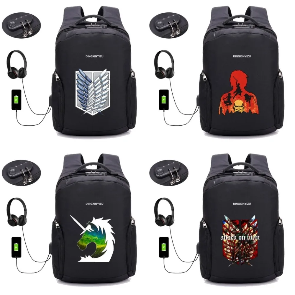 

anime Attack on Titans backpack USB charging backpack student School Backpack Teenagers Laptop bag Anti-theft Bags 14 style