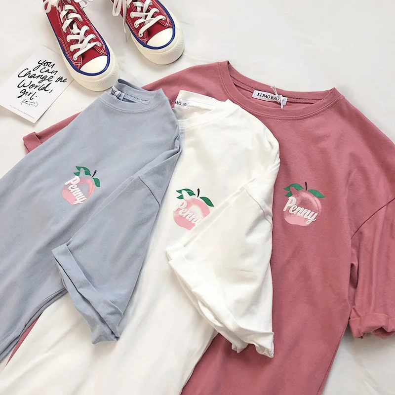

Penny Letter Peach Printed Women Pink Tee Shirt Tops Short Sleeve Summer T Shirt