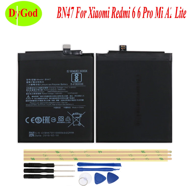 

DyGod 3900/4000mAh BN47 for Xiaomi Redmi Mi A2 Lite Battery Replacement For Xiaomi Redmi 6 6 Pro Batteries Bateria Phone+Tools