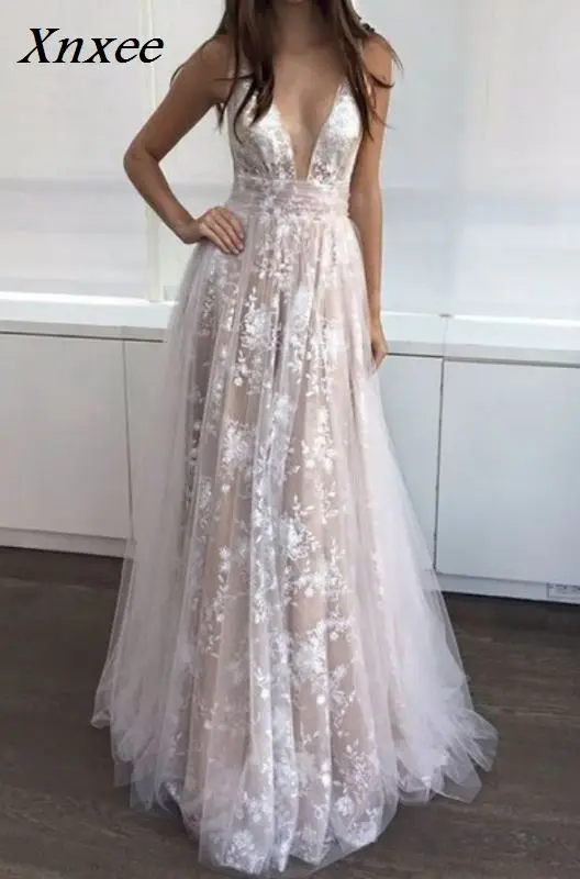 

Xnxee V-Neck Beads Bodice Open Back A Line Long Dress Party Elegant Vestido De Festa Fast Shipping Prom Gowns Xnxee