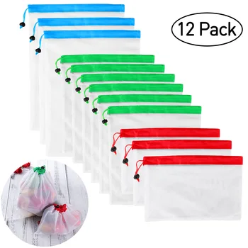 

12pcs Reusable Mesh Bags Washable for Grocery Storage Fruit Vegetable Three Large 12x17in Six Medium 12x14in Three Small 12x8in