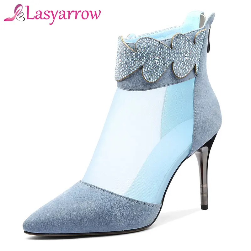 

Lasyarrow Genuine Leather Ankle Boots For Women Summer Pumps Sandalias Mujer High Heels Pointed Toe Party Shoes Stilettos J581