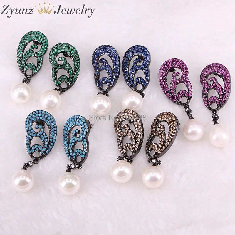 

4 Pairs ZYZ332-4960 Fashion Mix color CZ Crystal Stones with round shell Pearl Earrings With Zirconia Flowers For Women Jewelry