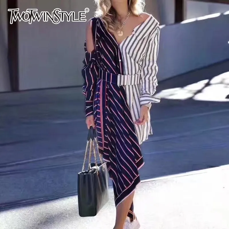 

TWOTWINSTYLE Striped Patchwork Asymmetrical Shirt Dress For Women Off Shoulder Long Sleeve Hit Color Korean Dress Female 2019