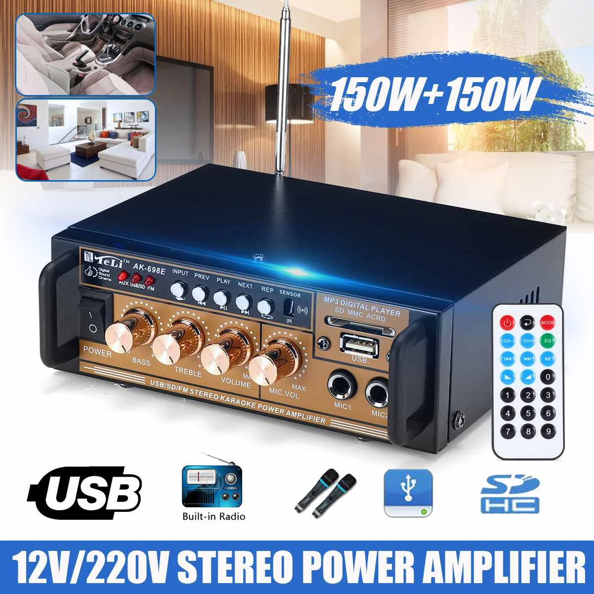 300W 12V/ 220V Mini HIFI Car Audio Amplificador Stereo Power Home Theater Audio Amplifier FM Radio USB/TF/SD 2CH LCD Display 300W 12V/ 220V Mini HIFI Car Audio Amplificador Stereo Power Home Theater Audio Amplifier FM Radio USB/TF/SD 2CH LCD Display