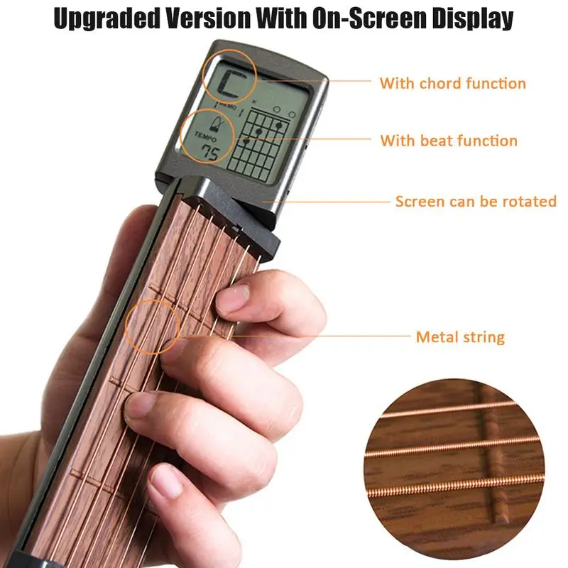 

Guitar Chord Trainer Pocket Guitar Portable Chords Finger Exerciser Tool Portable with a Rotatable Chords Chart Screen