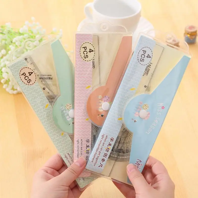 

Creative Stationery Drawing Painting Ruler Combination Sets 4PCS Straight Edge Protractor Set Squares With Flower Pattern Bag