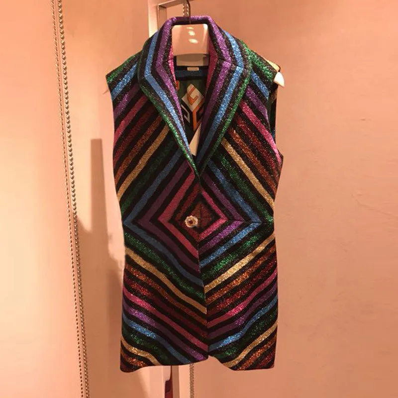

Luxury Bright silk Rainbow Striped Women Mini Dress Summer 2019 Runway Sleeveless Female Party Knitted Dresses Clothes