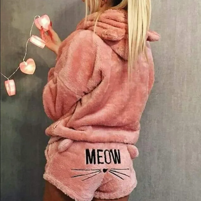 

Women Flannel Pajamas Set Bear Hooded Pajamas Winter Warm Coral Fleece Sleepwear