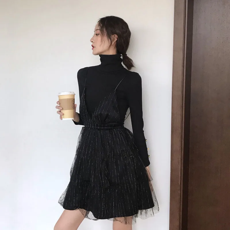

Lychee Girls Striped Strap Dress Warm Sweater Women's Set Turtleneck Long Sleeve Sweater Mesh Patchwork Mini Dress Women's Sets