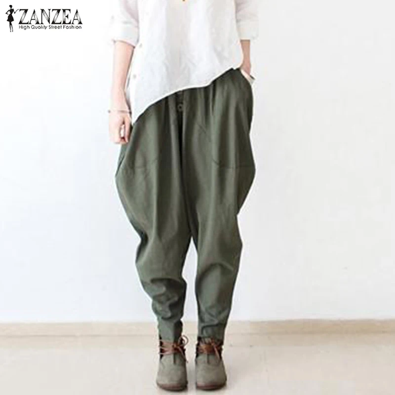 

S 5XL ZANZEA 2019 Fashion Turnip Pants Women Solid Elastic Waist Harem Trousers Casual Cotton Linen Drop Crotch Pantalon Female