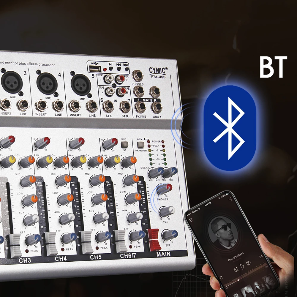 Портативный bluetooth микшерный пульт аудио микшер запись 48 В Phantom power Effects 7 каналов аудио микшер с USB