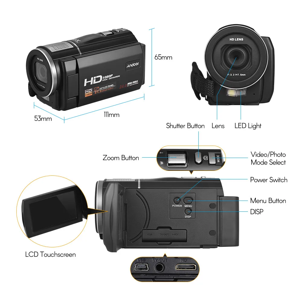 Andoer HDV F5 1080P Full HD Цифровая видеокамера DV рекордер 24MP 16X цифровой зум ЖК дисплей