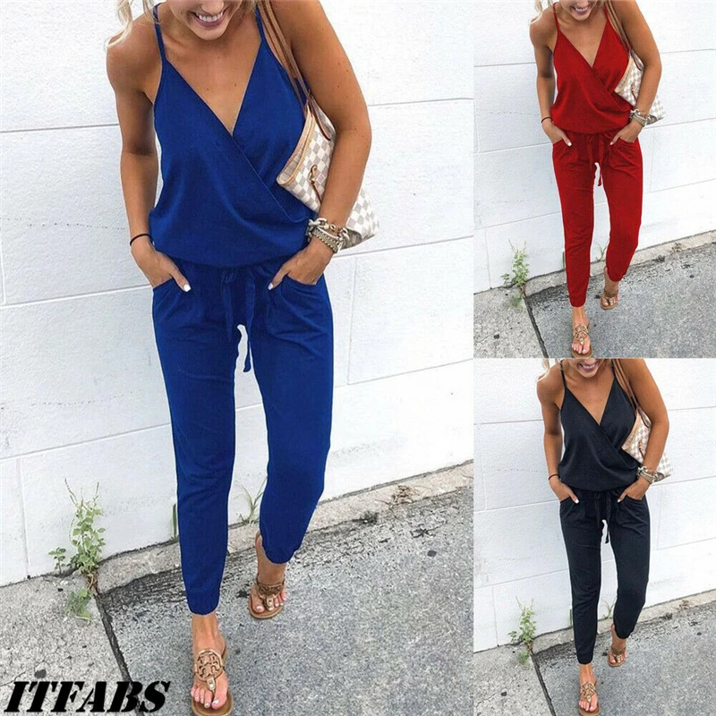 

Fasion Women V-neck Sleeveless Jumpsuit Summer Casual Long Jumpsuit