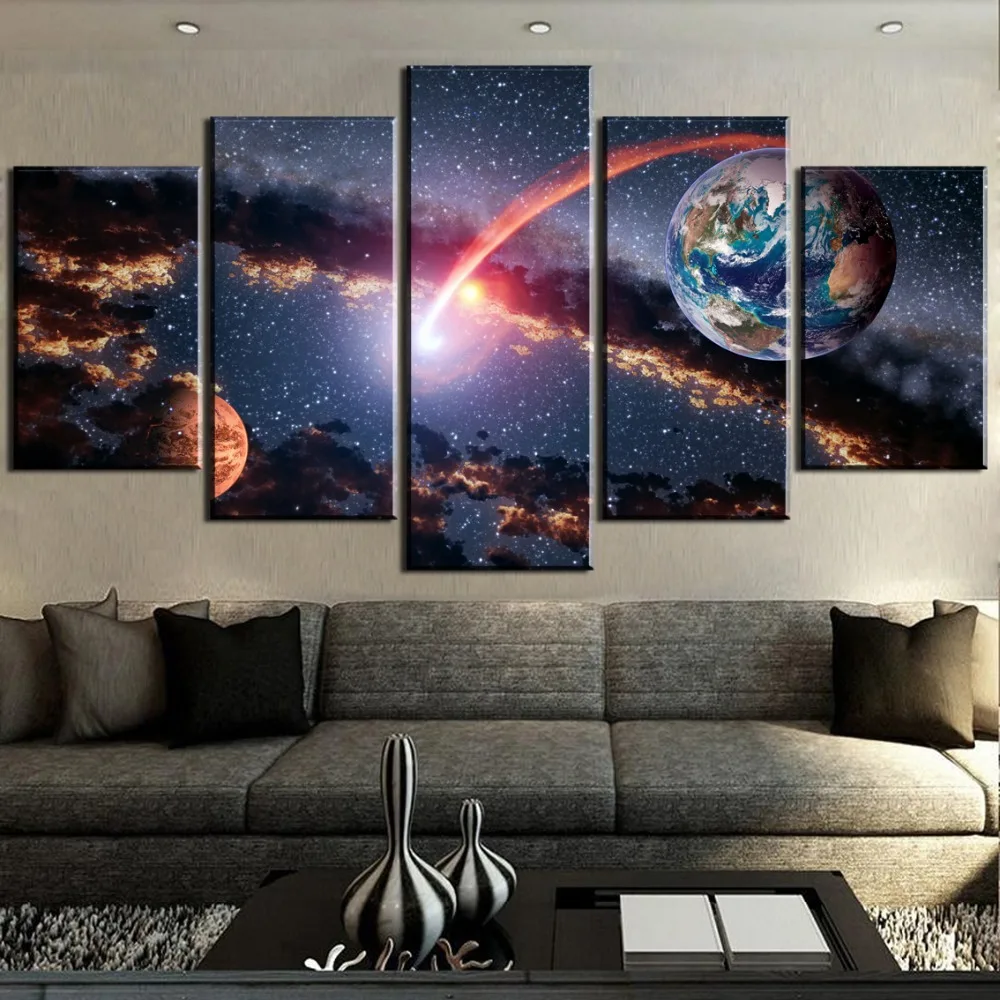 

5 Panel HD Print Large Mars and Earth Universe Cuadros Decoracion Paintings on Canvas Wall Art for Home Decorations Wall Decor