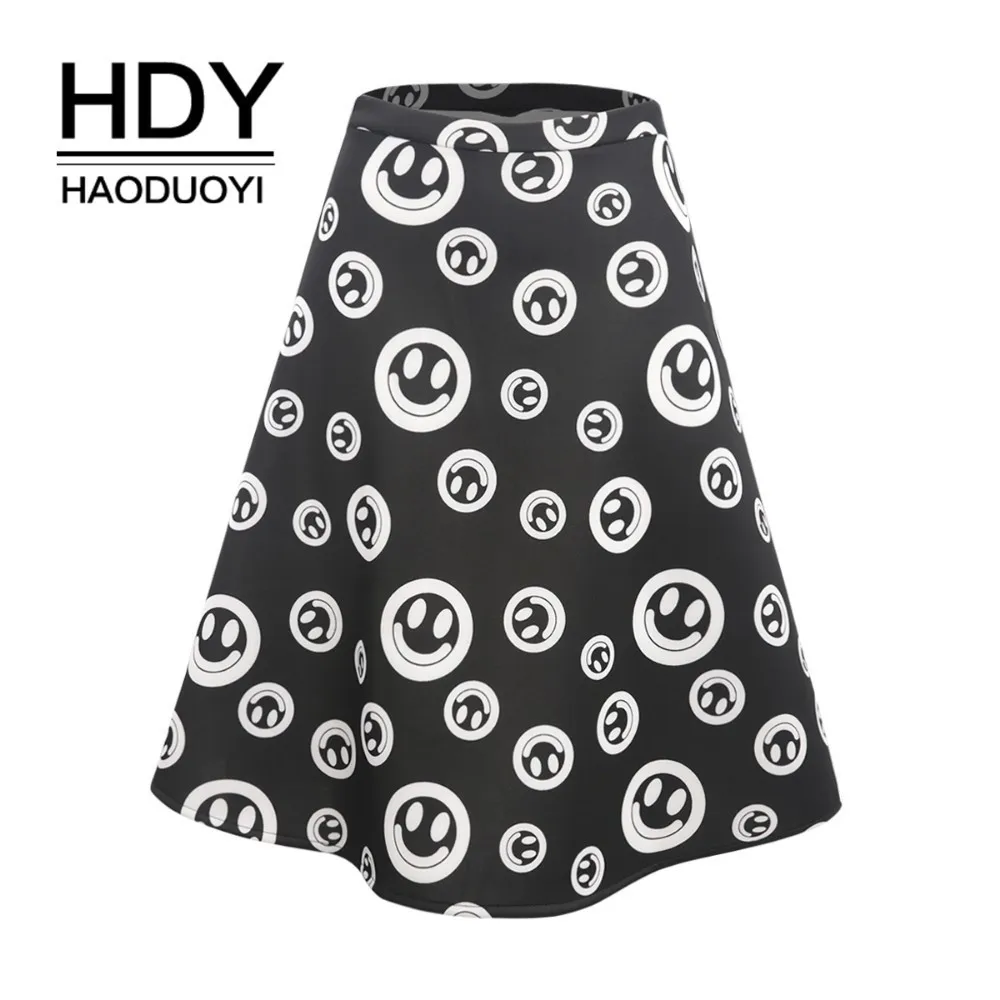 

HDY Haoduoyi High Waist Black Skirt Medium Long Umbrella Smiling Face Printed Bottoms Women A-shaped Fluffy Wholesale Clearance