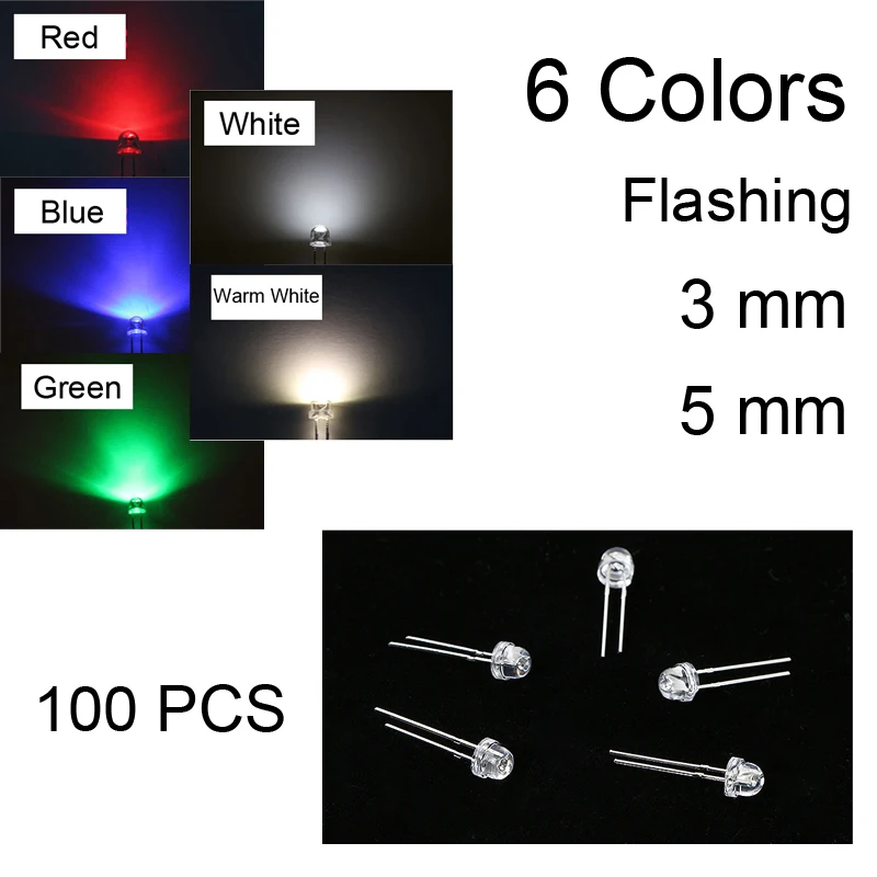 

100PCS Emitting Fast/slow RGB flashing Light DIY LED Diodes Green Urtal Bright 3MM 5MM Straw Hat Lot 6 Color Blue Red