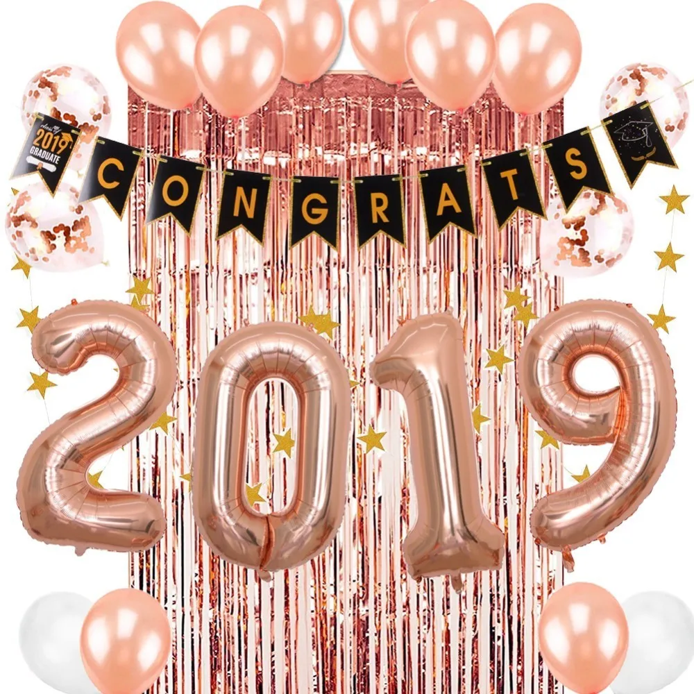 

24pcs Graduation 2019 Rose Gold Graduation Party Decorations Backdrop Latex Balloons Fringe Tinsel Curtain Congrats Banner