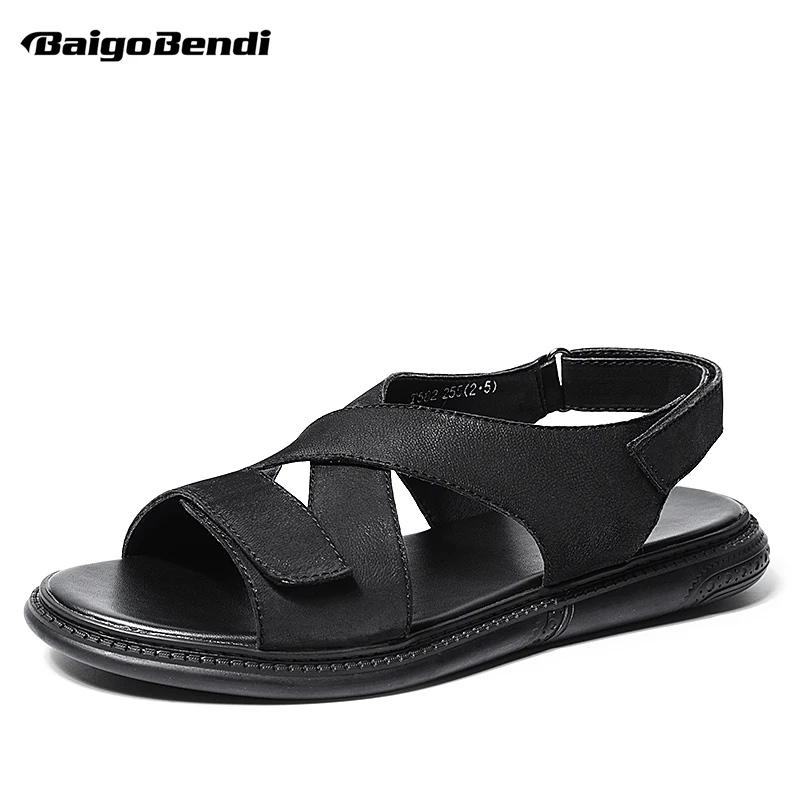 

Retro Pure Black Light Weight Men Hook Loop Sandals Soft Leather Summer Fashion Sandals Hight Quality Good Shoes For Male