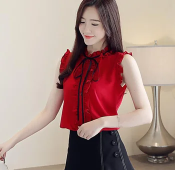 

Women White Stand Collar Fashion Chiffon Blouse Sleeveless 2019 Elegant Female Casual Patchwork Shirt Tops
