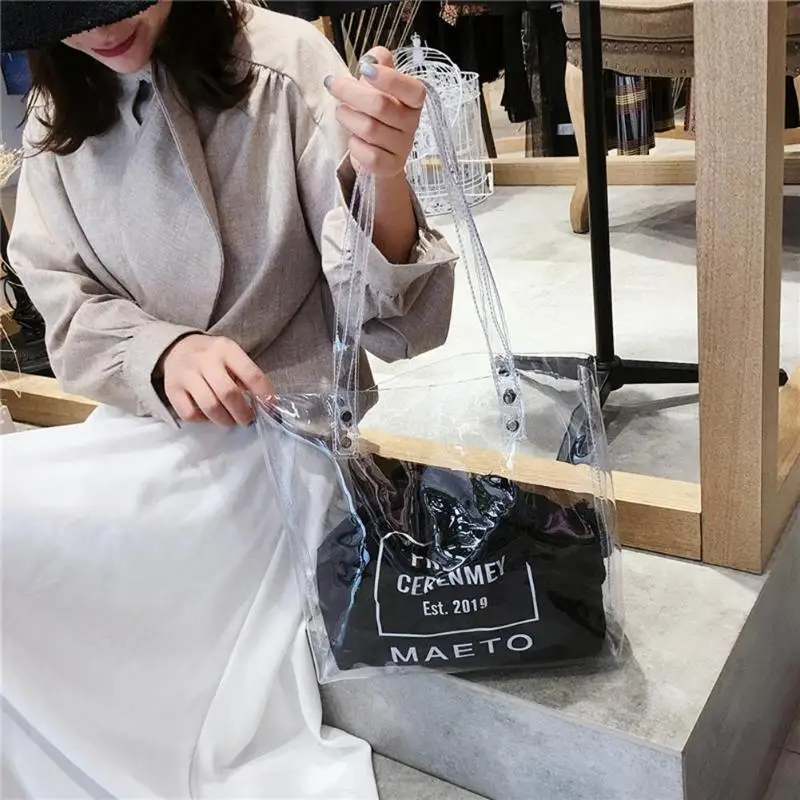 

2pcs/set Transparent Shoulder Handbags Women Daily Drawstring Storage Clutch Shopping Totes Top-handle Bags Droppshipping