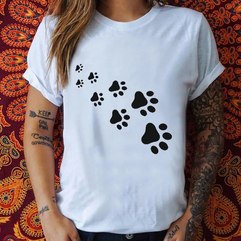 

Cat Paws Print Women T Shirt Cotton Casual T Shirt For Lady Top Gray Black White Cotton Short Sleeve Dropship Europe And America