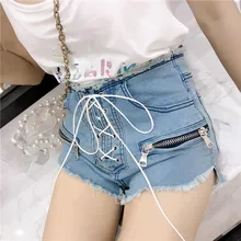 Summer Zipper High Waist Shorts Female Solid Lace Up Korean Denim Shorts Sexy Drawstring Jeans Shorts striped trim drawstring waist shorts