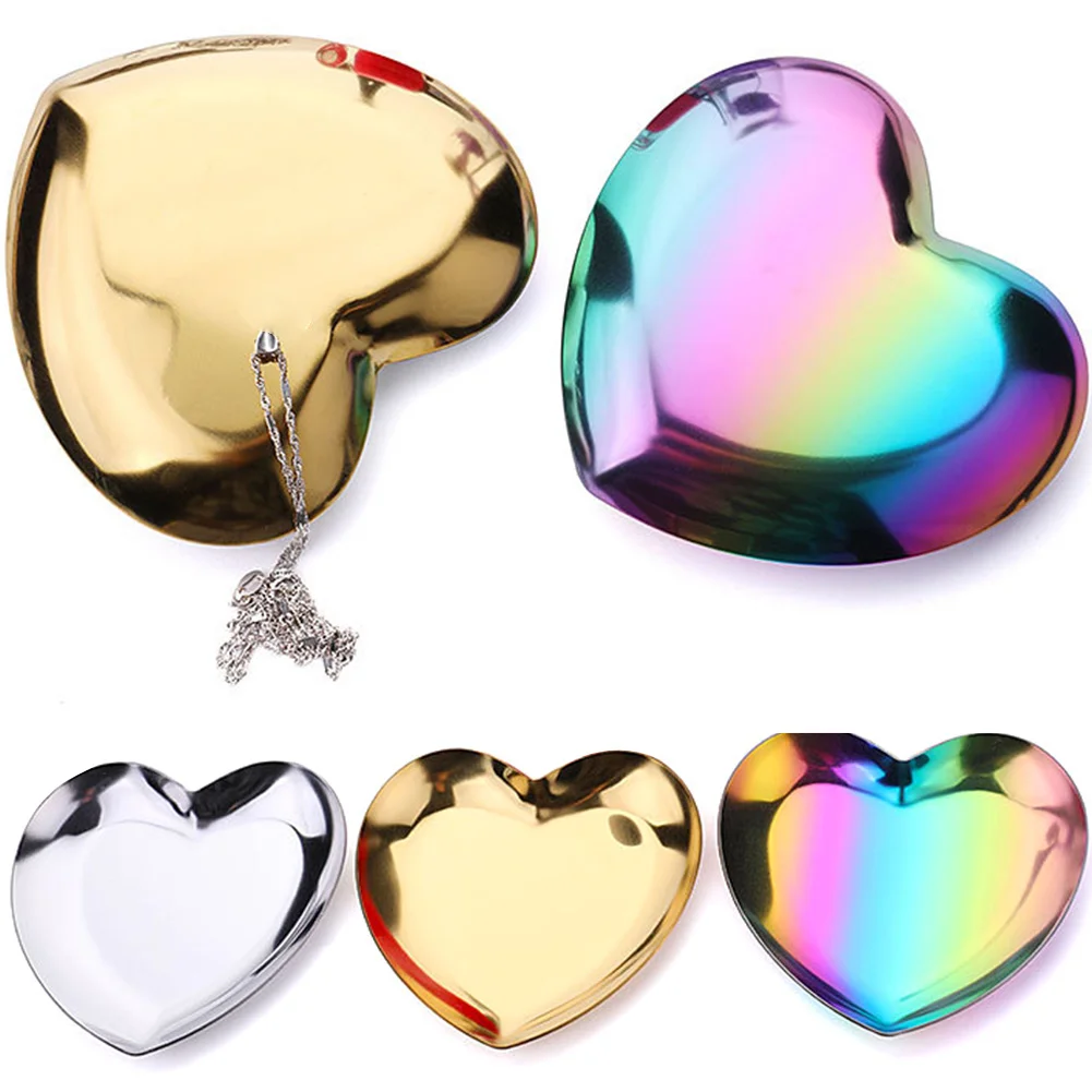 

Metal Storage Trays Gold Silver Heart Shape Tray Stainless Steel Jewelry Receive Tray Dessert Dish Plate Decorative #0114