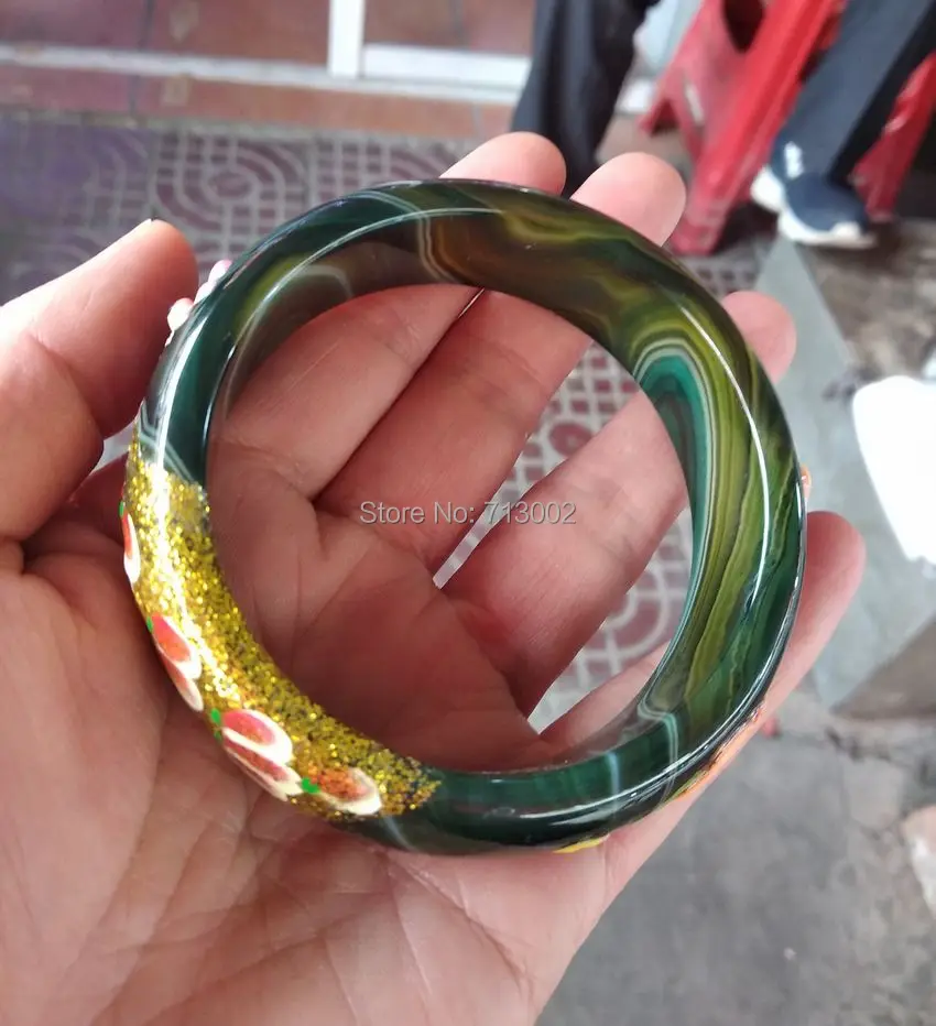 

Rare Green Jade chalcedony Inlay Shell CONCH With phoenix BRACELET Bangle With Box