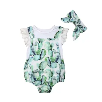 

0-18M Cute Newborn Baby Girl Lace Sleeveless White Bodysuit Tops Cactus Overall Suspender Romper Headband 3PCS Summer Clothes