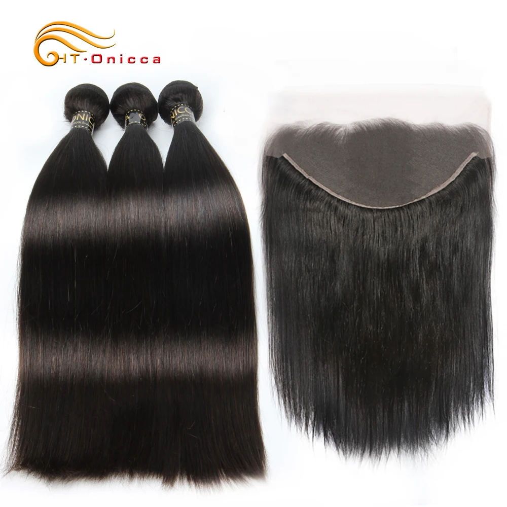 

Onicca Hair 13*4 Lace Frontal Closure With Bundles Human Hair Bundles With Closure Brazilian Straight Bundles With Frontal