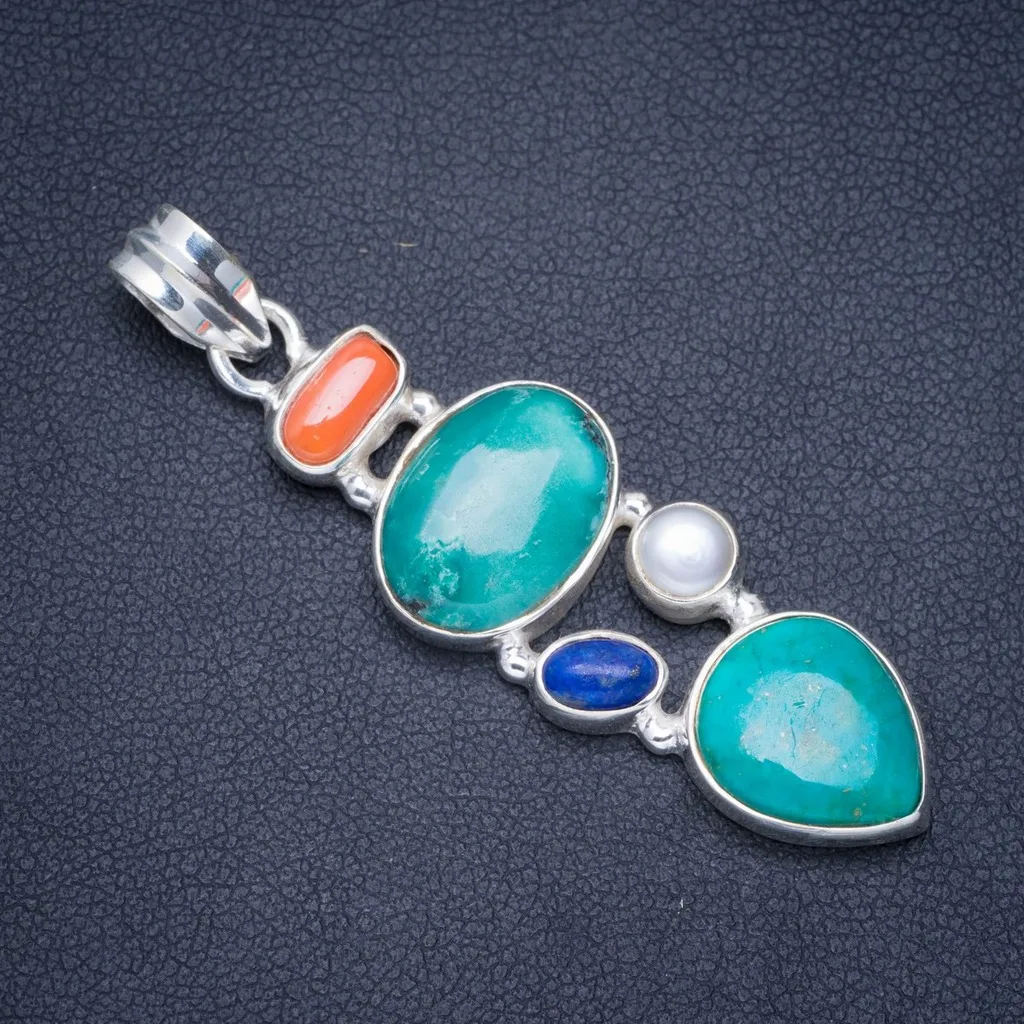 

Natural Turquoise,River Pearl,Red Coral and Lapis Lazuli 925 Sterling Silver Pendant 2" A0291