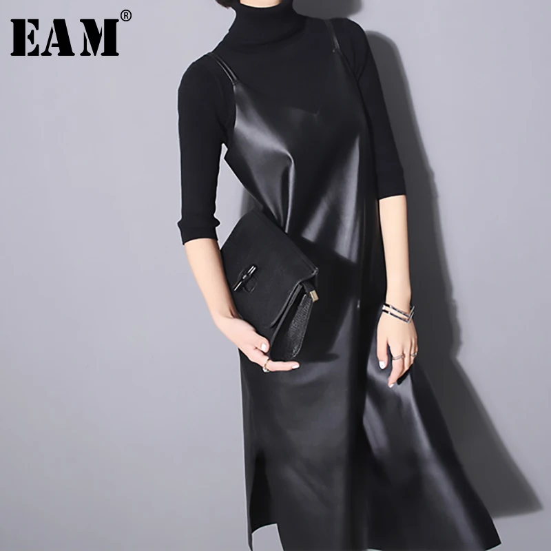 [EAM] 2020 New Spring Summer Strapless Sleeveless Black Pu Leather Loose Brief Dress Women Fashion Tide All-match JO287