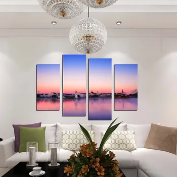 

Canvas HD Print Painting Home Decor 4 Pieces Pink Sky Scenery River Village Landscape Pictures Modular Poster Shipped 24 Hours