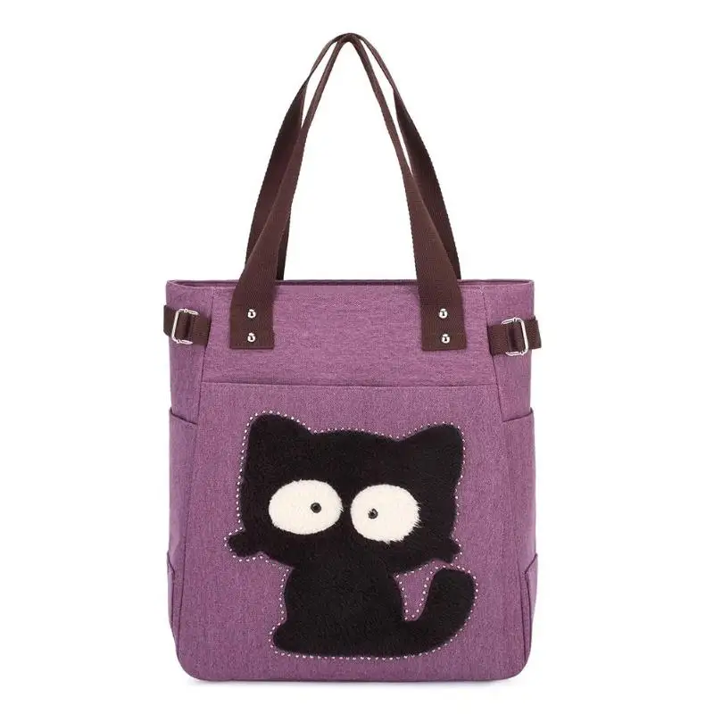 

Simple Canvas Cute Cat Pattern Shoulder Handbags Women Large Totes Shopping Bags for Teenage Girl