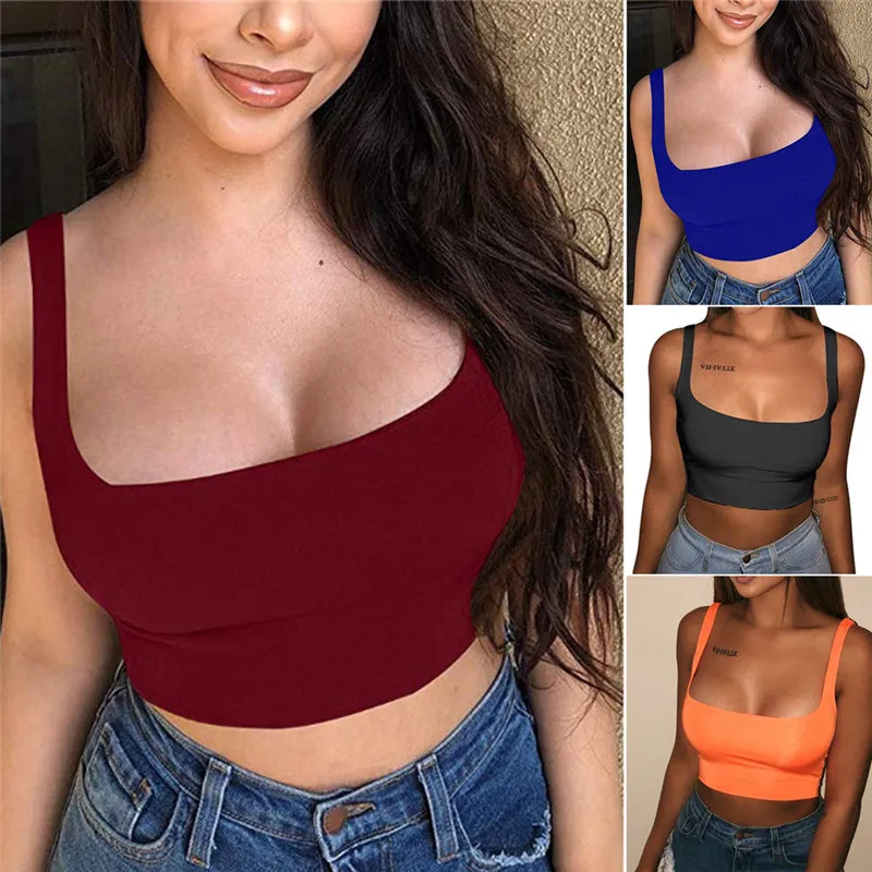 

Sexy Women Solid Strappy Tank 2019 Vest Crop Top Summer Beach Party Sleeveless O Neck Tanks Top Woman Girls Bralette Sports Top